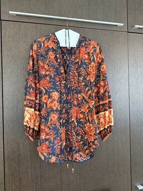 Floral Tie-Neck Blouse in Navy and Orange Zimmermann